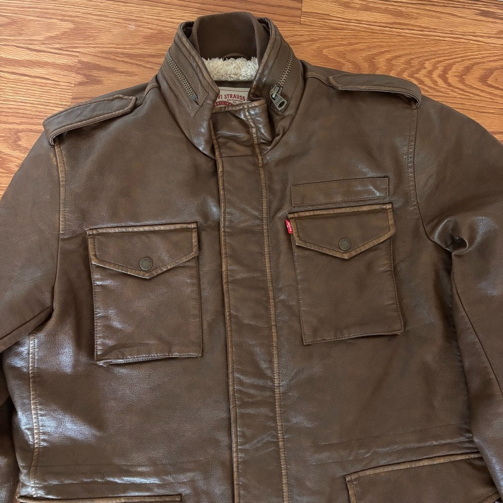 Levi's Men's‎ 4-Pocket Field Military Jacket Large Saddle Faux Leather Sherpa - Picture 9 of 14